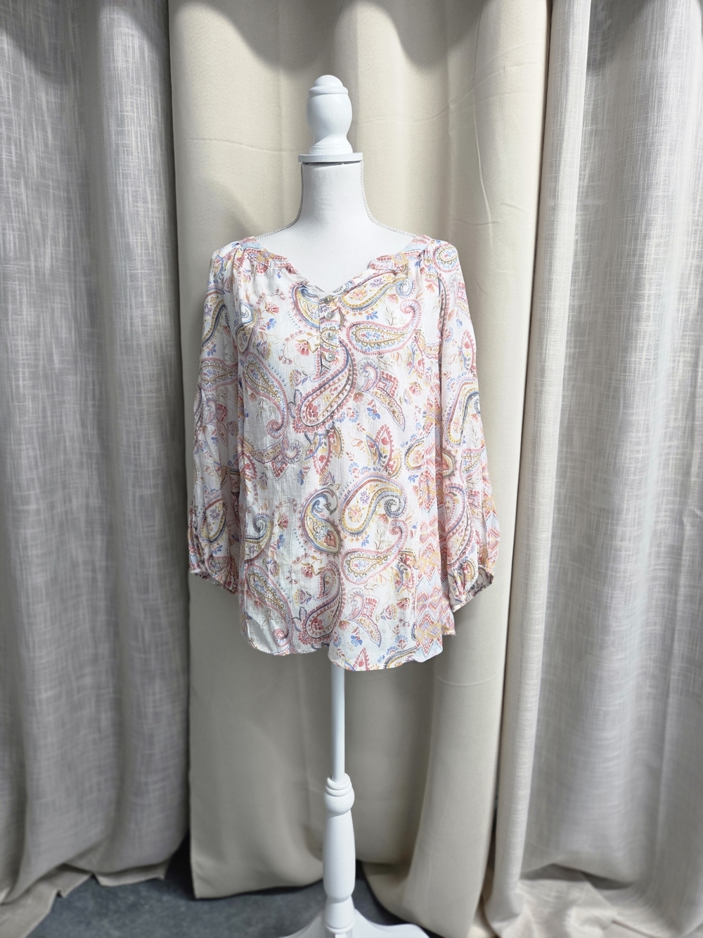 Zac & Rachel Cream Paisley V-Neck Long Sleeve Blouse Boho Festival Size 1X